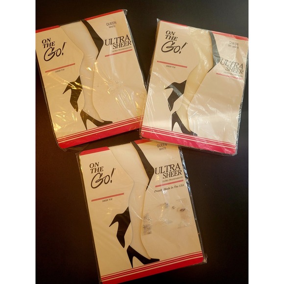 On The Go! Ultra Sheer Pantyhose Stockings Queen Hosiery VINTAGE 3 PAIR - Picture 1 of 3